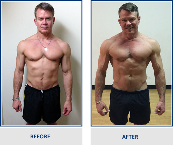 Dean Carter before and after training with John Turk: leaner, with visibly more muscle through the shoulders, arms and chest